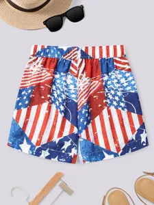 Summer casual shorts featuring US flag print, loose wide-leg fit and high elastic waist.
