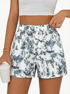 Women high waist boxer shorts scenic print casual loose lounge shorts lounge wear detail