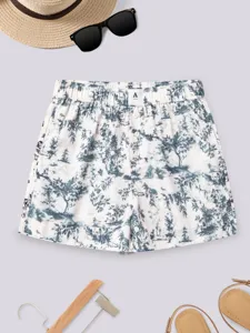 Women's summer casual comfortable high waist loose scenic print shorts with elastic waistband.