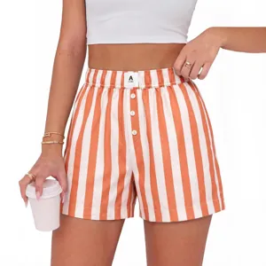 Women high waist striped casual shorts summer loose boxer shorts with decorative buttons