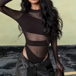 Sleek black sheer mesh bodysuit featuring chic cut-out designs for a stunning look today.