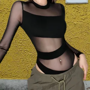 Black sheer mesh bodysuit for women, long sleeve slim fit cut out sexy fashion top.