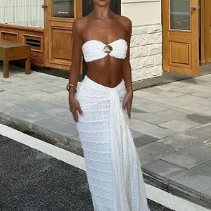 Women two piece outfit set strapless bandeau top and long wrap skirt streetwear detail view