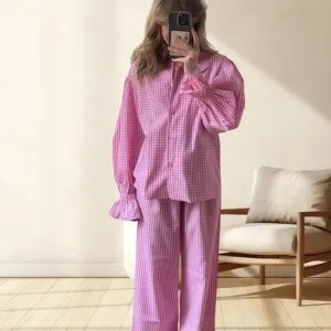 Women Casual Winter Long Sleeve Plaid Loungewear Top And Bottom Flare Sleeve Lapel Button Soft Nightwear