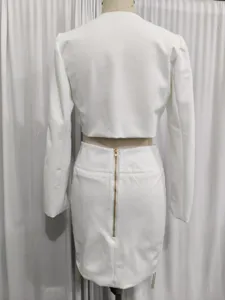 Rückseitenansicht des weißen Sets aus langärmligem Crop-Top und Rock mit goldenem Reißverschluss.