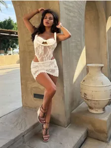 Women's Sexy Solid Color Lace Sheer Two Piece Skirt Set Halter Crop Top And Mini Skirt Club Party Beach Vacation Outfits
