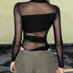 Black mesh sheer long sleeve bodysuit for women, sexy cutout slim fit top for autumn fashion.