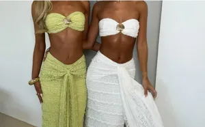 Women two piece set strapless crop top and sarong midi skirt with metal shell decor summer