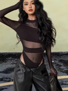 Women's Sexy Long Sleeve Bodysuit Solid Color Hollow Out Slim Fit Mesh Patchwork Streetwear Clubwear Top