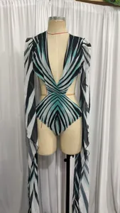 Donna Moda Rigato Costume da Bagno Scollo a V Taglio Maniche Lunghe Spiaggia Bikini Mare