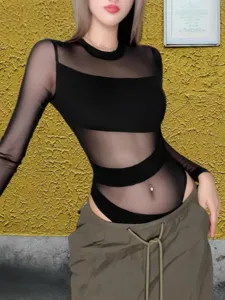 Black sheer mesh long sleeve bodysuit for women sexy cutout slim fit fashion apparel 2024