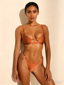 Sexy metallic bronze bikini set for women, stylish cutout two-piece beach swimwear.