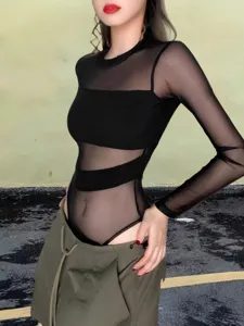 Black Sheer Mesh Long Sleeve Bodysuit Sexy Slim Fit Streetwear Women New Autumn Top