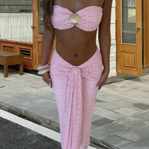 Pink textured two piece set women strapless crop top and front tie midi skirt chic outfit