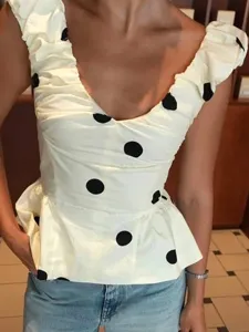 Femme vintage pois col V volants manches courtes chemisier élégant haut mode été chic