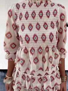 Damen blumiges Print gesmoktes Stehkragen Halbarm Oberteil und gestufter Rücken Rock Set