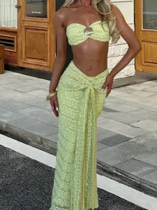 Women Top And Bottom Sexy Tube Top And Maxi Skirt Metal Decor Polyester Vacation Outfit Summer Clothing