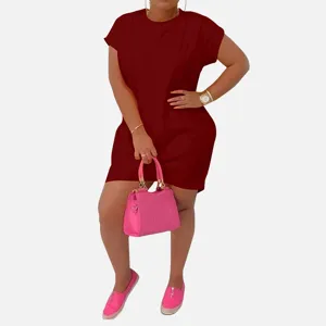 Vestido informal burdeos de manga corta de talla grande para mujer ropa diaria cómoda