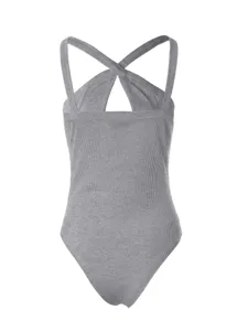 Grey ribbed bodysuit detail, showcasing the elegant cross-back straps and slim-fit cut.