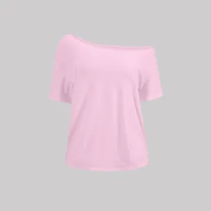 Pink off-shoulder short sleeve T-shirt, loose Y2K summer casual top for women and girls.