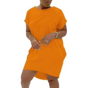 Vestido casual holgado de manga corta cuello redondo talla grande naranja para mujer