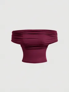 Burgundy cowl neck sleeveless sslace-less tube top, slim fit summer women apparel casual sexy chic.