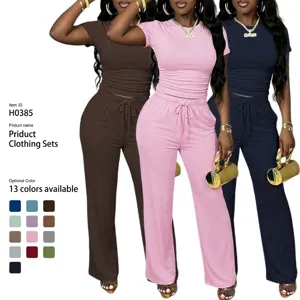 Women Casual Two Piece Set Short Sleeve Pleated Top And Straight Leg Sweatpants Y2K Matching Outfit Summer Streetwear