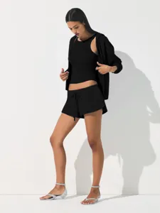 Black athletic zip-up hoodie tank top and shorts set for women casual workout wear