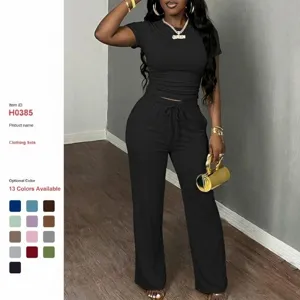 Women 2 Piece Outfit Short Sleeve Pleated Top Wide Leg Pants Casual Y2K Tracksuit Set
