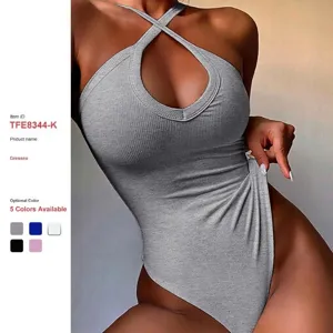 Women's Sexy Halter Neck Bodysuit Summer Solid Color Sleeveless Slim Fit Ribbed Knit Casual Basic Bodysuit