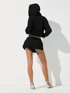 Women black cropped hoodie and shorts set, casual two piece sportswear outfit for daily wear.