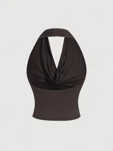 Elegant brown cowl neck halter top, perfect for summer fashion and stylish outfits.