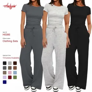 Ensemble Survêtement Décontracté pour Femmes Couleur Unie Haut Manches Courtes et Pantalon Large Taille Haute