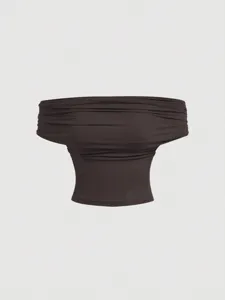 Detailed view of the elegant dark brown off-shoulder draped top showing fine texture.