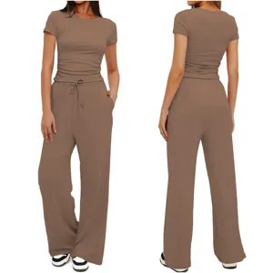 Ensemble Deux Pièces Casual Femme Haut Manche Courte Uni et Pantalon Large Taille