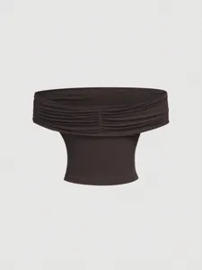 Dark brown off-shoulder strapless tube top, sleek fitted crop top detail showcase.