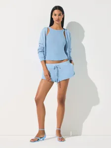 Light blue casual three-piece detail, comfortable fabric, perfect for daily wear.