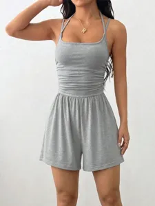 Women Summer Casual Halter Romper Shorts Square Neck Ruched Wide Leg Jumpsuit Grey