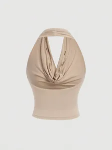 Women's stylish casual beige halter cowl neck crop tank top, solid color basic summer shirt.