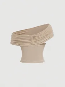 Beige asymmetric draped one shoulder tube top sexy fashion summer sleeveless apparel