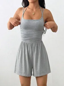 Grey halter neck casual romper for women summer sleeveless backless cute shorts jumpsuit