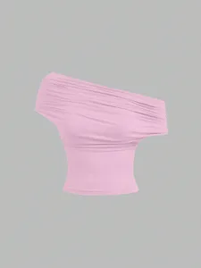 Pink one-shoulder ruched crop top, sexy summer casual stylish vest for women fashion.