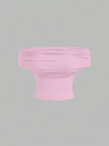 Pink strapless tube top featuring a stylish folded draped neckline design for women.