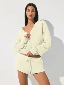 Women casual zip hoodie and shorts set solid color sporty two piece loungewear outfit