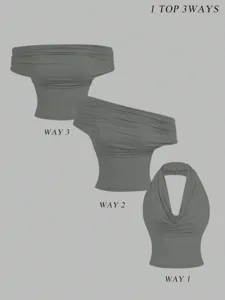 Grey convertible halter neck top for women, sexy multi-way sleeveless summer tank top.