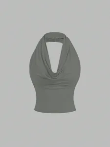 Gray cowl neck halter top for women, sexy summer sleeveless crop top for daily wear.
