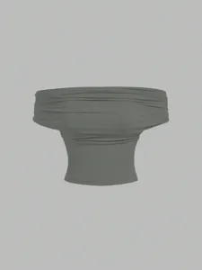Grey draped cowl neck tube top detail, elegant folded neckline sleeveless design.