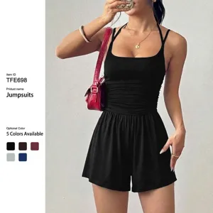Women's Casual Sleeveless Halter Neck Solid Color Romper Slim Fit Wide Leg Jumpsuit Summer Fashion Sexy Streetwear Clothing