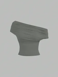 Grey off-shoulder draped top detail view, sleeveless fashion sexy apparel design.