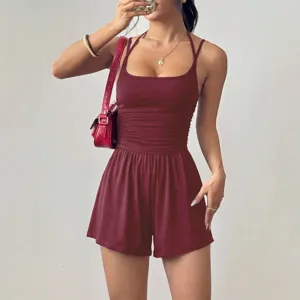 Womens Summer Casual Halter Romper Backless Sexy Slim Fit Wide Leg Shorts Jumpsuit